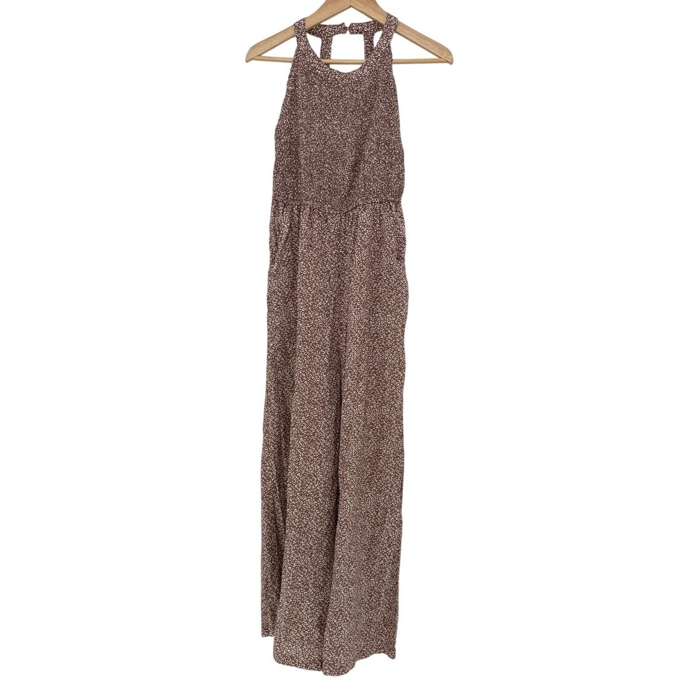 Japna Brown White Animal Print Smocked Halter Wide Leg Jumpsuit Womens Small